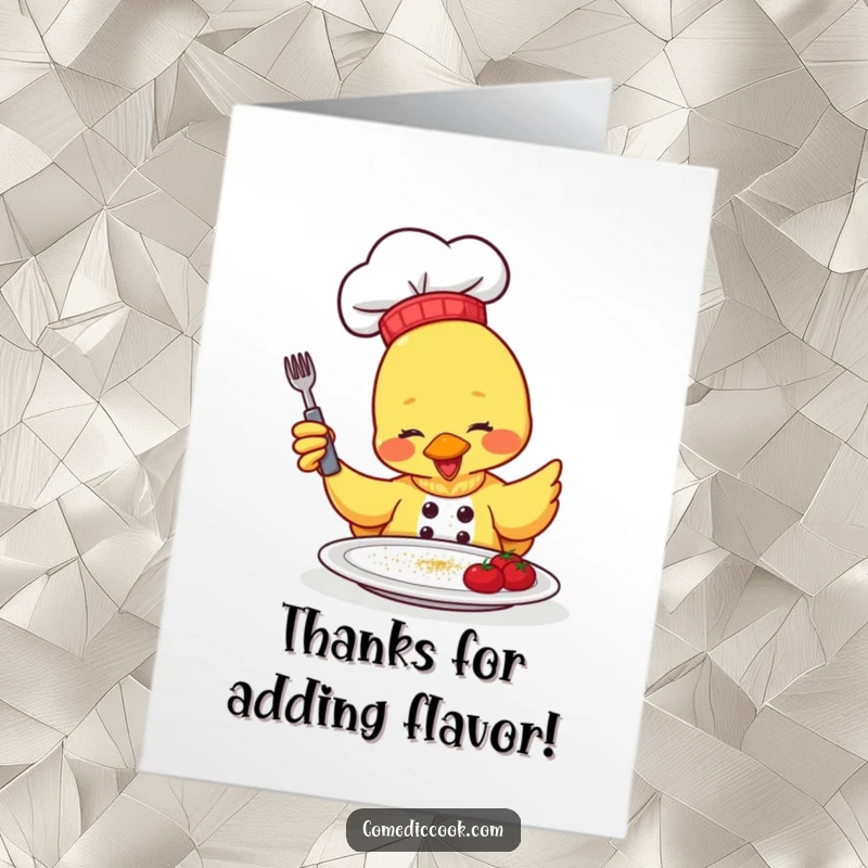 Funny Free Printable Thank You Card: A duck chef gleefully sprinkles seasoning onto a plate, offering a delightful thank you.