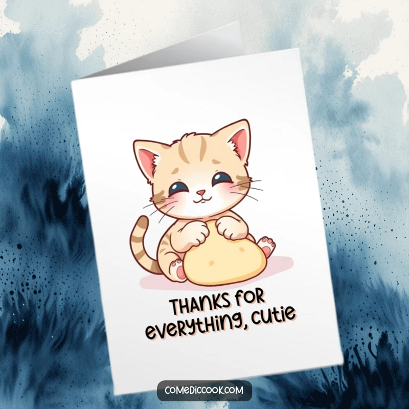 Funny Free Printable Thank You Card: A playful kitten kneading dough with tiny paws, offering a cute thank you.