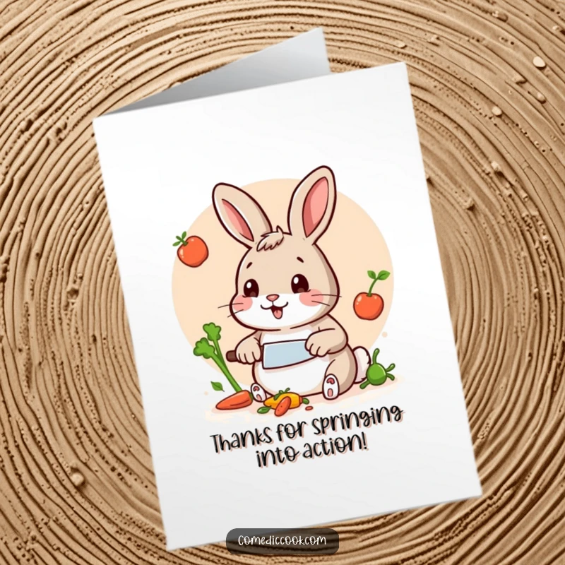 Funny Free Printable Thank You Card: A cheerful rabbit sharpens his tiny knife, ready to prepare a dish as thanks.