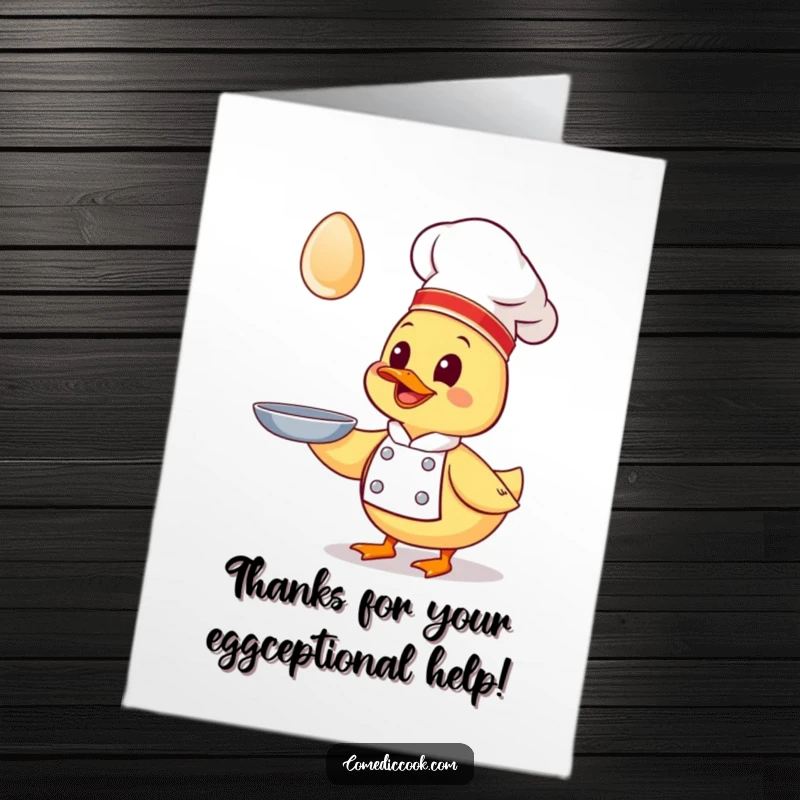 Funny Free Printable Kawaii Duck Chef Thank You Card, hilariously attempting to catch an egg, for a downloadable gift.