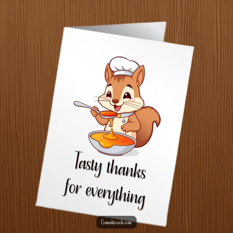 Funny Free Printable Thank You Card: Playful squirrel chef tasting sauce with delight, expressing thanks.
