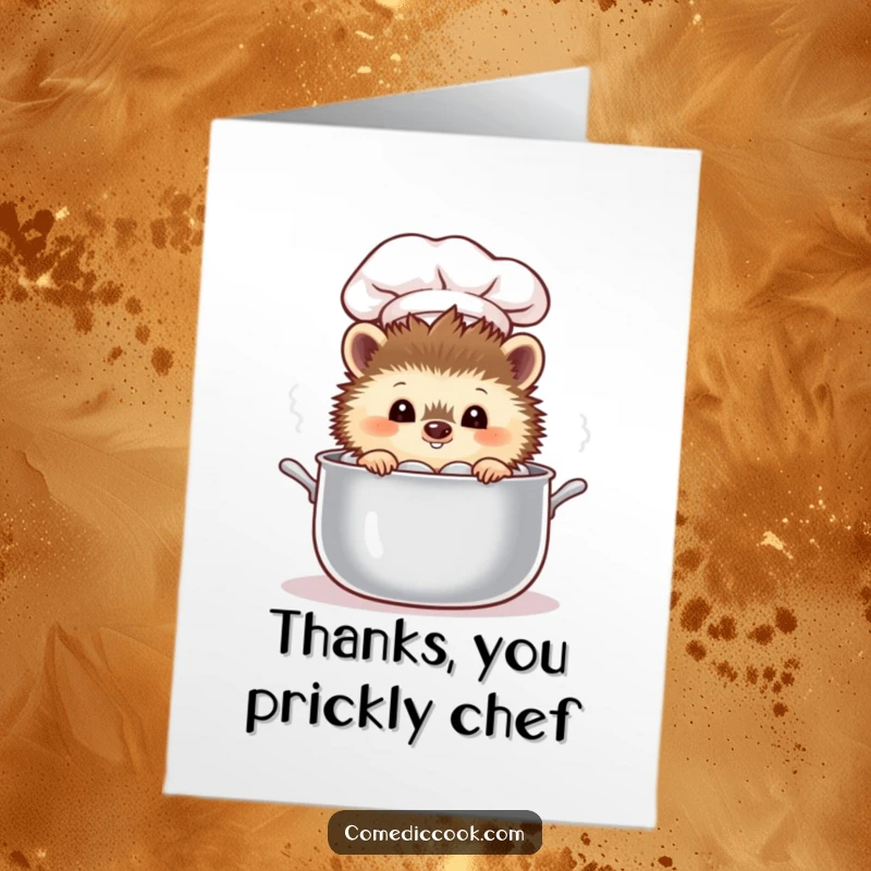Funny Free Printable Thank You Card: A curious hedgehog chef peeking into a steaming pot, sending thanks with a hint of culinary intrigue.