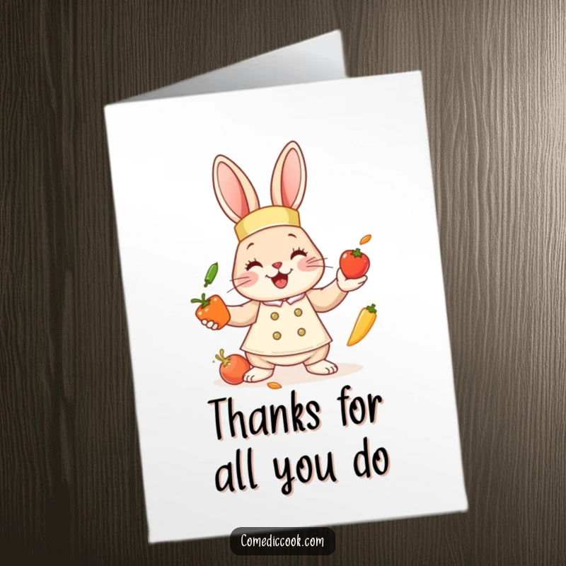 Funny Free Printable Thank You Card: Smiling bunny chef juggling vegetables, sending thanks with a flourish.