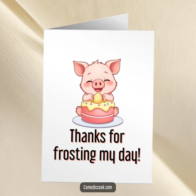 Funny Free Printable Thank You Card: A piglet gleefully frosts a cake with a big smile, expressing thanks.