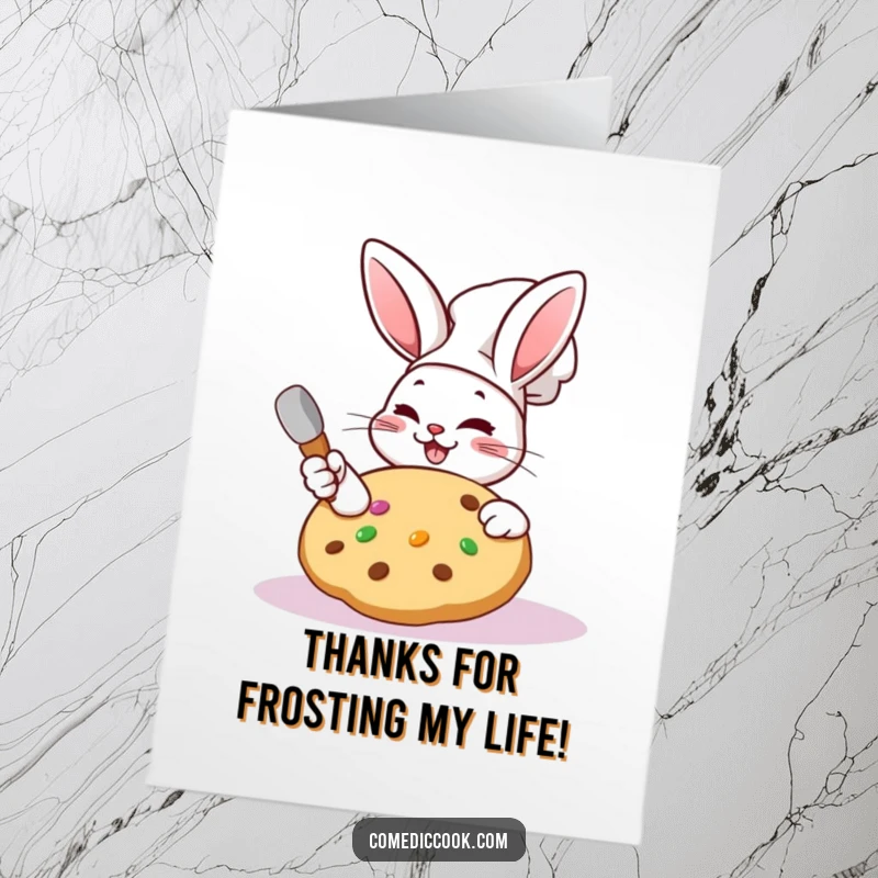 Funny Free Printable Thank You Card: A cheerful Kawaii rabbit chef winks while frosting a giant cookie.