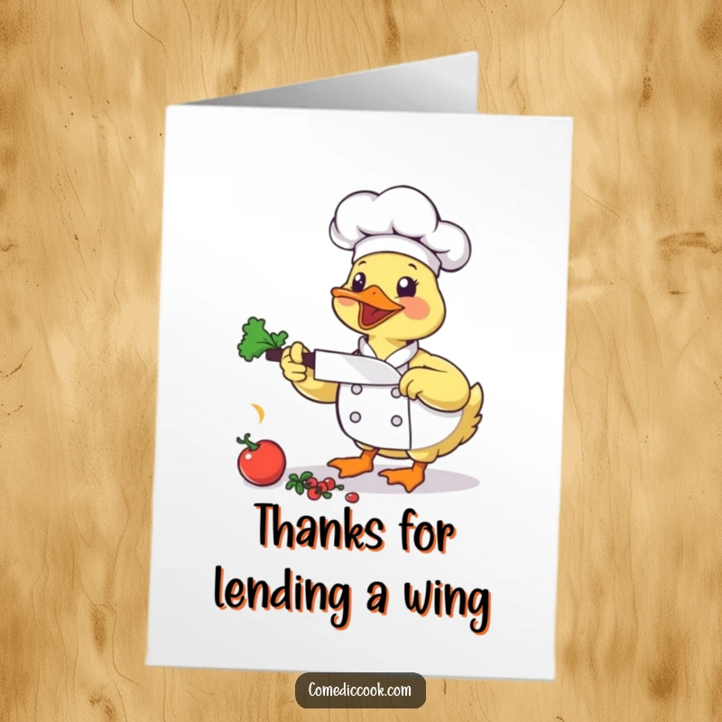 Funny free printable thank you card: A bouncing duck chef enthusiastically chops vegetables with a small cleaver, a fresh thank you.