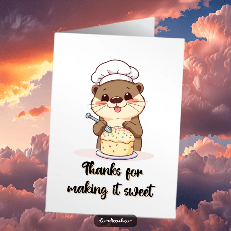 Funny Free Printable Thank You Card: Happy otter chef decorating a cake, expressing thanks with sweetness.
