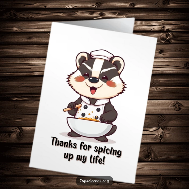 Funny Free Printable Thank You Card: Badger chef dramatically seasons food with a flourish, conveying sincere thanks.