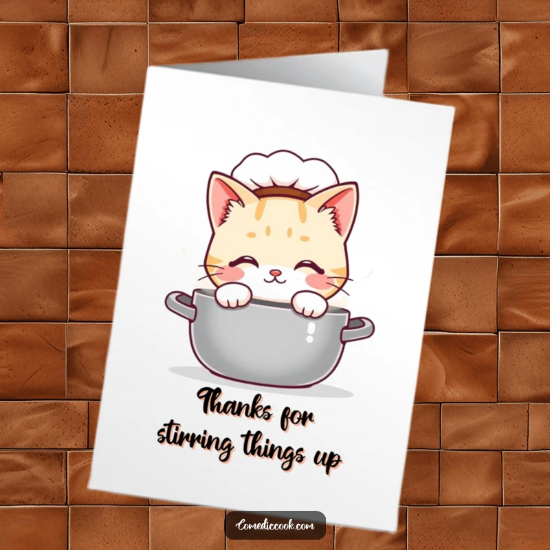 Funny Free Printable Thank You Card with a curious Kawaii cat chef peering into a steamy pot, conveying gratitude.
