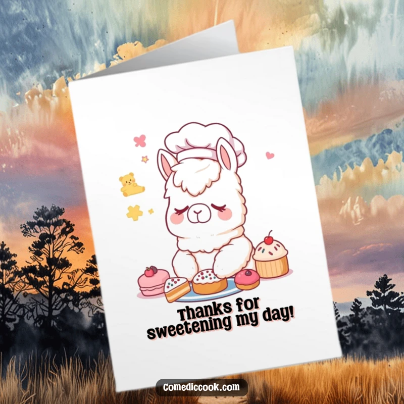 Funny Free Printable Alpaca Chef Thank You Card: A sleepy alpaca chef dreaming of pastries, conveying thanks.