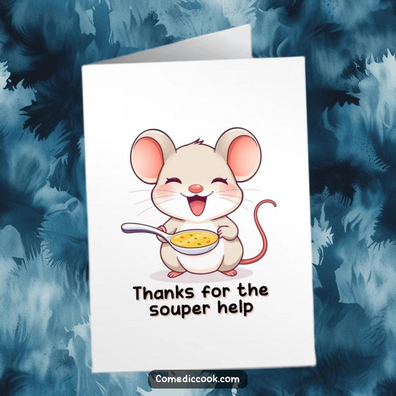 Funny Free Printable Thank You Card: A delighted mouse carefully offers a tiny spoon of warm soup, expressing sincere thanks.
