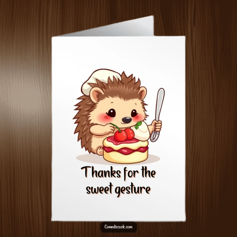 Funny Free Printable Thank You Card: Hedgehog chef offers a berry-topped dessert as a token of appreciation.