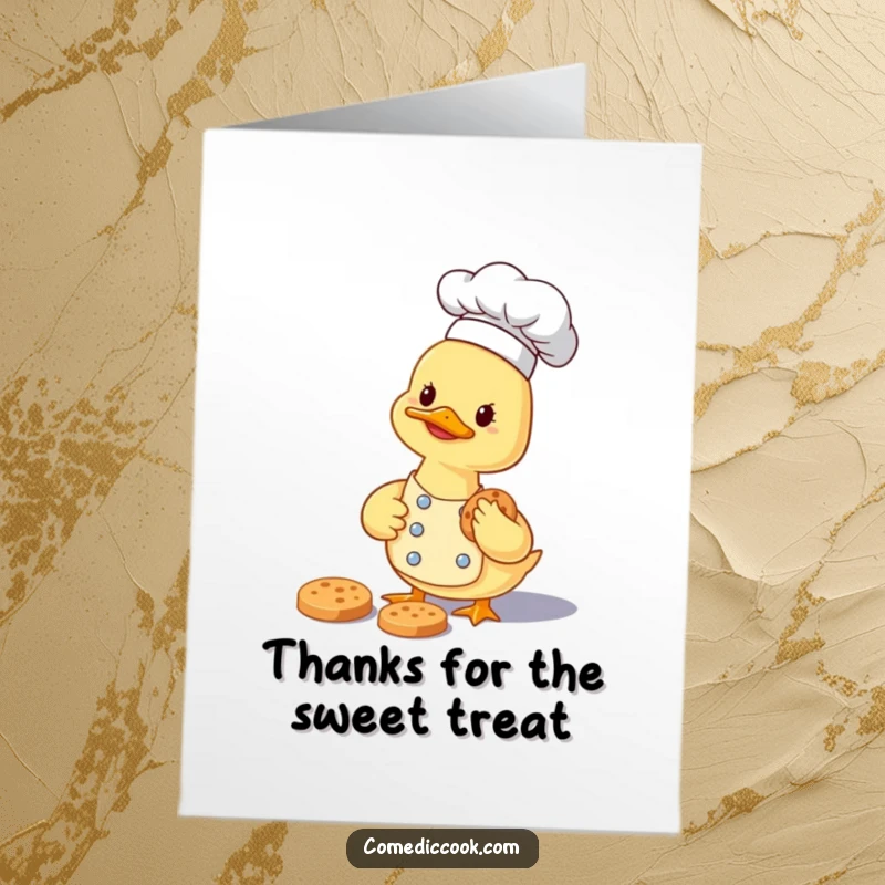 Funny Free Printable Thank You Card: A smiling duckling chef carefully gathers a small cookie, offering thanks with a sweet gesture.