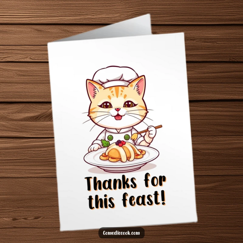 Funny Free Printable Thank You Card: Cat chef presents a dish with gratitude, a perfect downloadable gift.