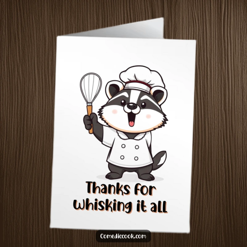 Funny Free Printable Thank You Card with a proud Kawaii badger chef holding a whisk, expressing sincere thanks.