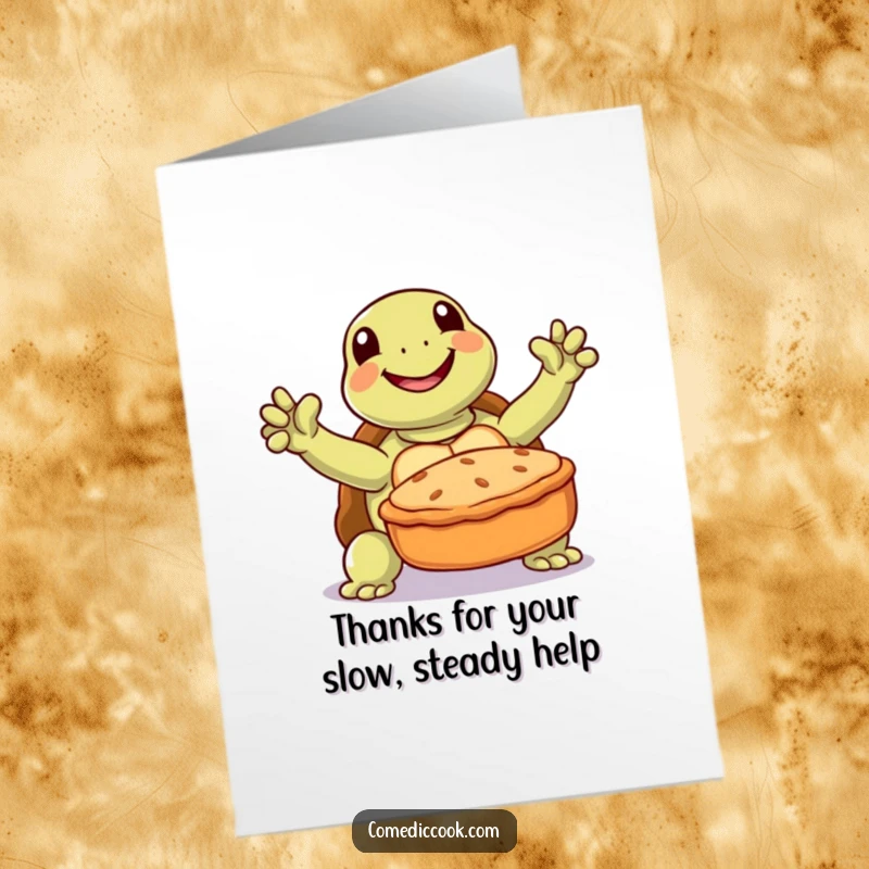 Funny Free Printable Thank You Card: A joyful turtle triumphantly presents a freshly baked pie, offering sincere thanks.