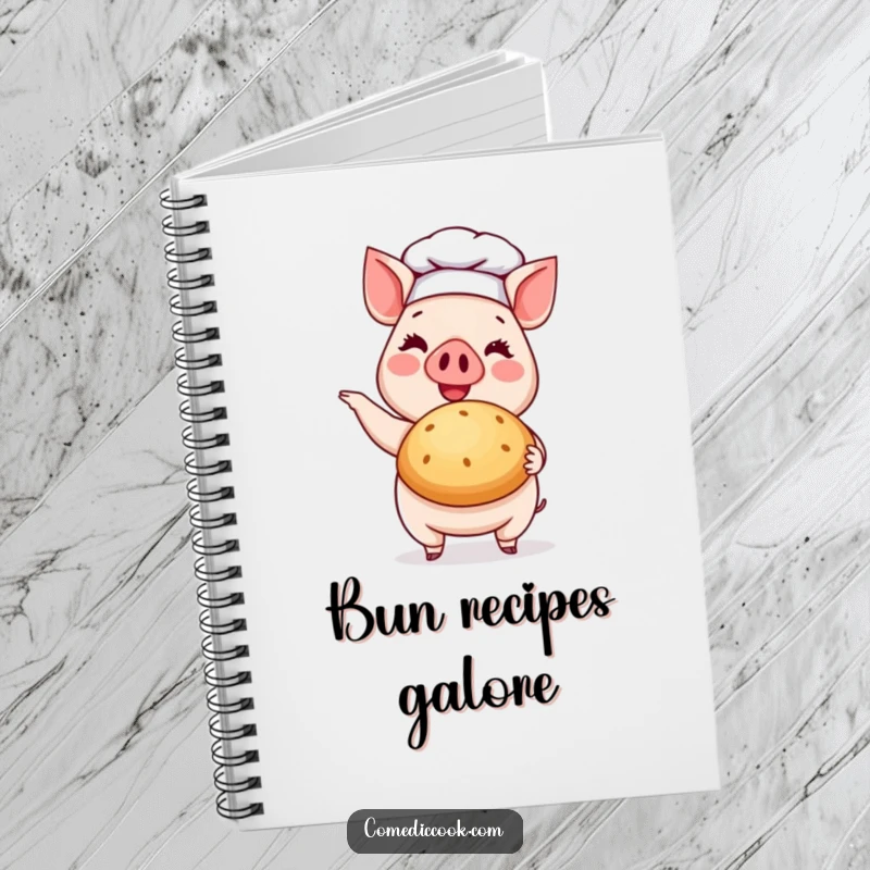 Funny Pig Chef Notebook: Cover features a cheerful pig chef proudly showcasing a delicious baked bun.
