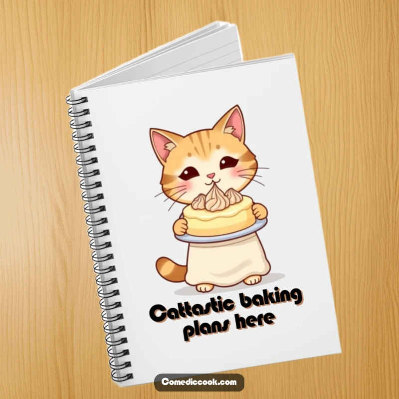 Funny Cat Baker Notebook with a cat baker presenting a cake, perfect for recipe writing and notes.