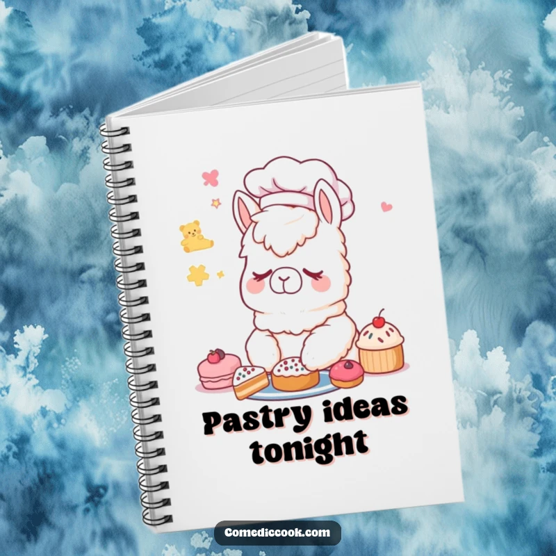 Funny Alpaca Chef Notebook: Cover features a sleepy alpaca chef dreaming of delicious pastries.