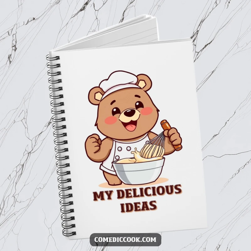 Funny bear chef notebook featuring him whisking batter, ideal for jotting down recipes and kitchen notes with a smile.
