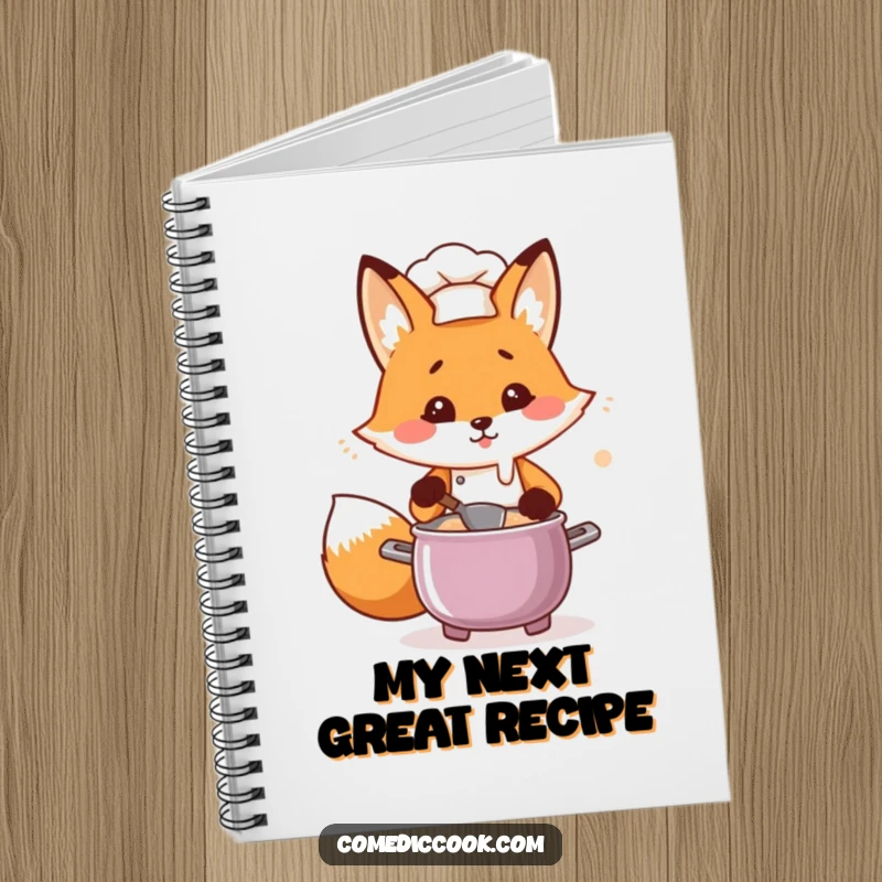Funny Kawaii fox chef notebook, a flustered fox chef with a bubbling pot, perfect for writing notes and recipes, funny gift.
