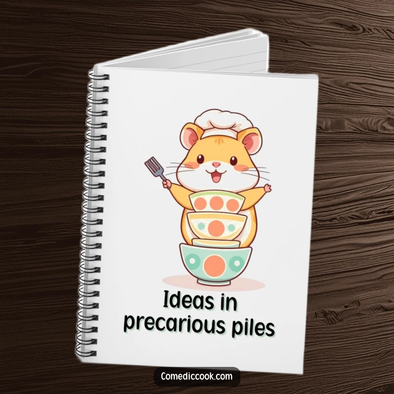 Funny Kawaii hamster chef notebook, showing a playful cute hamster balancing a stack of tiny bowls. Ideal for recipes and notes, a great funny gift.