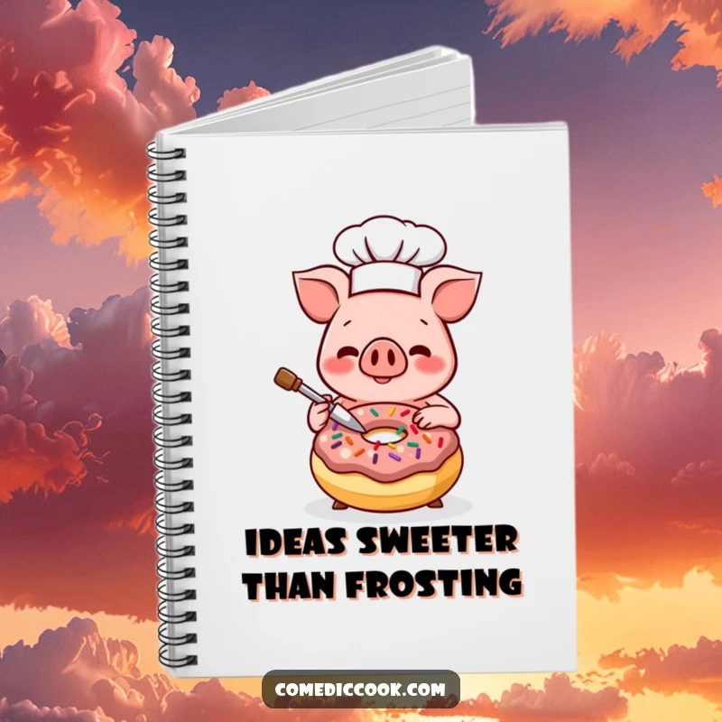 Funny Kawaii pig chef notebook, showing a smiling pig decorating a donut with sprinkles. Great for recipes and journaling, a lovely funny gift.