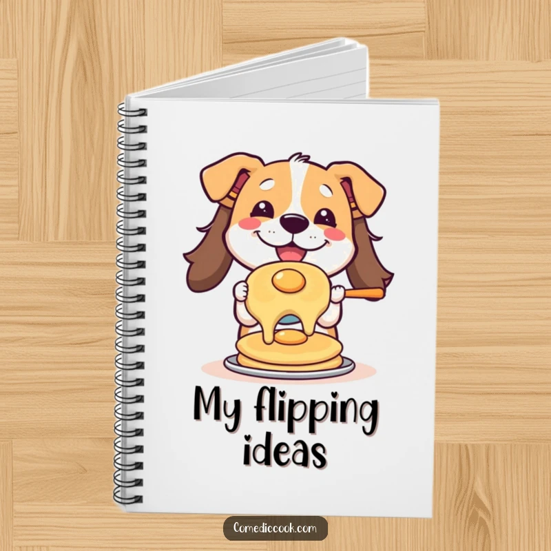 Funny notebook with a dog mid-pancake flip on the cover, inspiring creative writing and organization with a humorous breakfast theme.