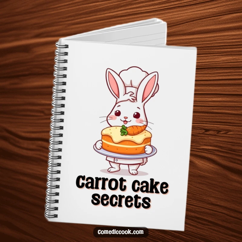 Funny notebook cover with a proud rabbit chef presenting a carrot cake, perfect for recipe notes.