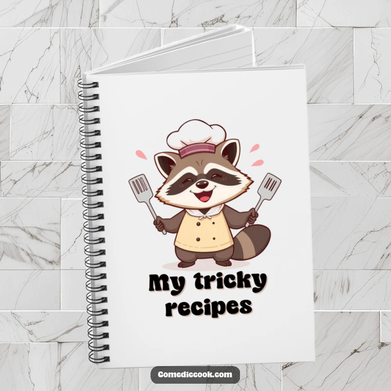 Funny raccoon chef notebook featuring him juggling spatulas with a mischievous grin, ideal for jotting down recipes and kitchen notes.