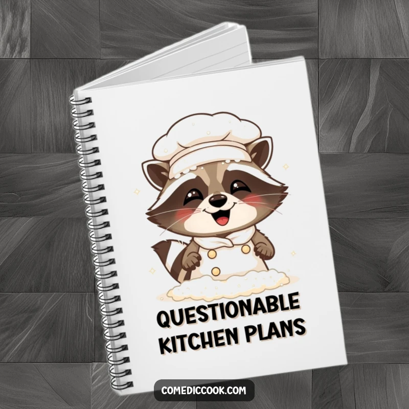 Funny Raccoon Chef Notebook: Cover features a mischievous raccoon chef covered in flour, laughing heartily.