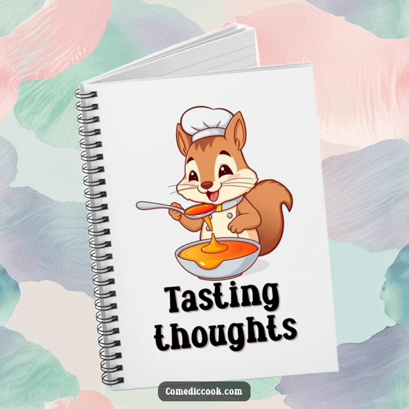 Funny squirrel chef notebook with a playful squirrel tasting sauce from a spoon with delight, ideal for jotting down recipes, flavor notes, or tasting observations.