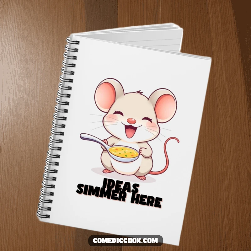 Funny mouse notebook with a delighted mouse offering a tiny spoon of soup, ideal for recipe writing.