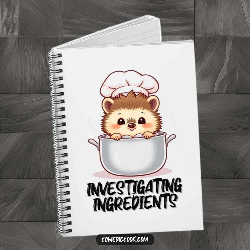 Funny curious hedgehog chef peeking into a steaming pot on the cover of a humorous notebook.