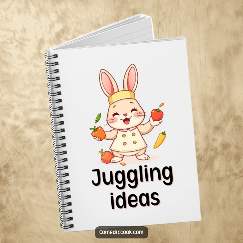Funny bunny chef notebook with a cute bunny juggling vegetables, ideal for jotting down recipes, garden notes, or funny thoughts.