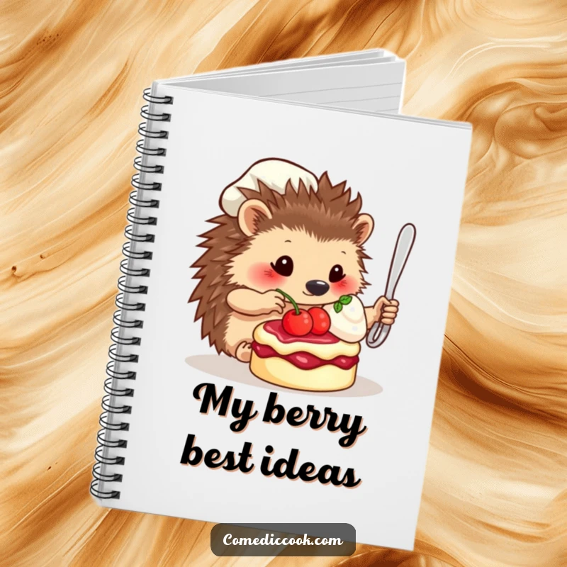 Funny Notebook: A cute hedgehog chef delicately places a berry on a dessert, inspiring your creative writing.