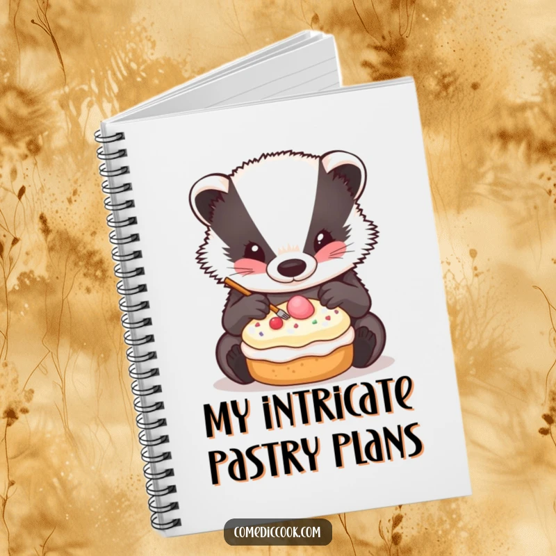 Funny Badger Decorator Notebook with a badger decorating a pastry, perfect for notes and detailed planning.