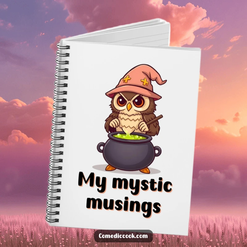 Funny Wise Owl Chef Notebook with a wise owl stirring a potion, perfect for jotting down recipes or magical thoughts, a humorous gift.