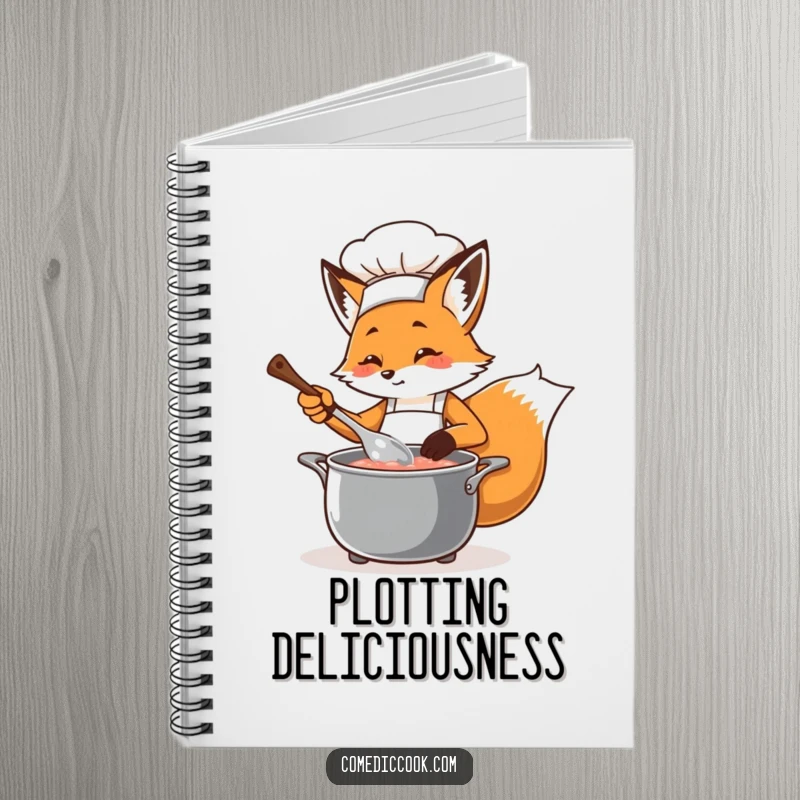 Funny fox chef with an apron, stirring a bubbling pot, featured on the cover of a notebook for jotting down recipes and ideas.
