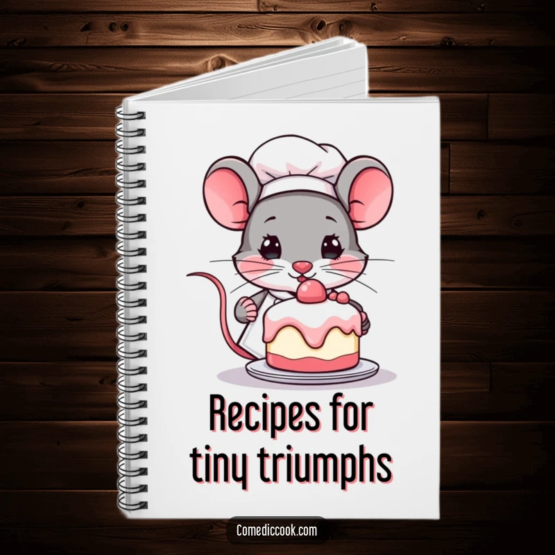 Funny Kawaii mouse chef notebook, featuring a determined cute mouse with a miniature cake. Ideal for recipes and notes, a great funny gift.