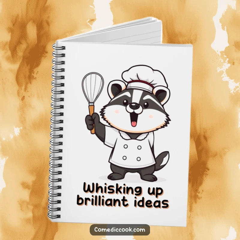 Funny Kawaii badger chef notebook, showing a proud cute badger holding a whisk aloft. Ideal for recipes and notes, a great funny gift.
