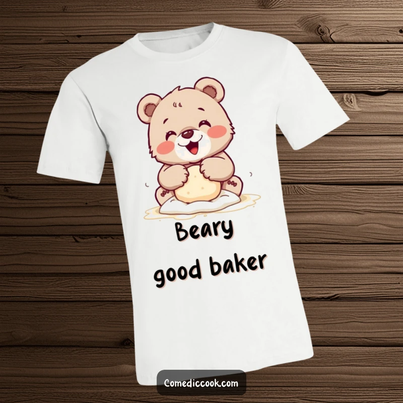Funny t-shirt showing a tiny bear cub happily kneading dough with floury paws, celebrating the joy of baking.