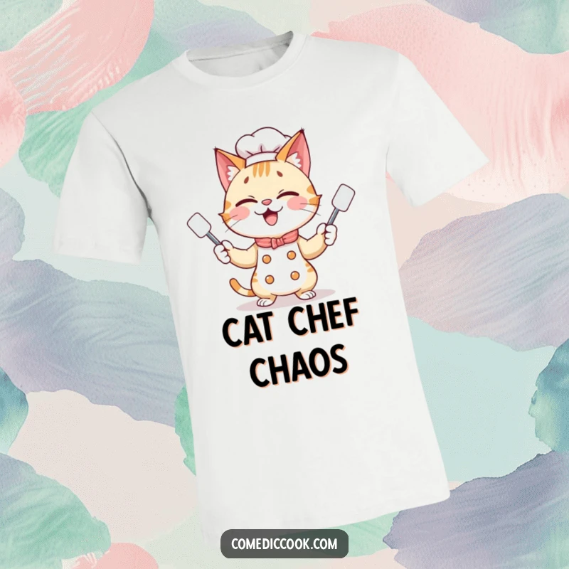 Funny giggling cat chef juggling three tiny spatulas with a playful grin, radiating energy and culinary enthusiasm.