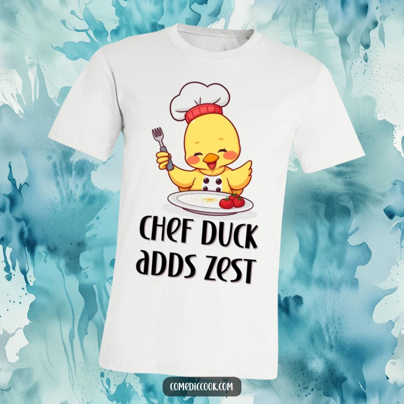 Funny T-Shirt: a duck chef gleefully seasons a plate with a sprinkle, exuding culinary joy and humorous charm.