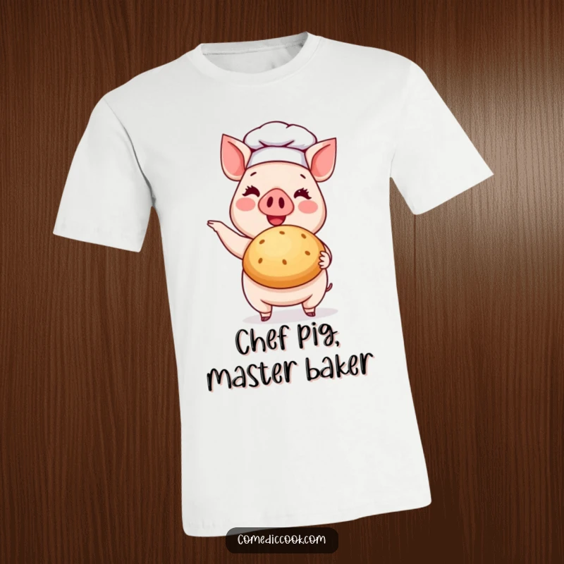 Funny Pig Chef T-Shirt: A smiling pig wearing chef attire proudly presents a delicious looking baked bun.