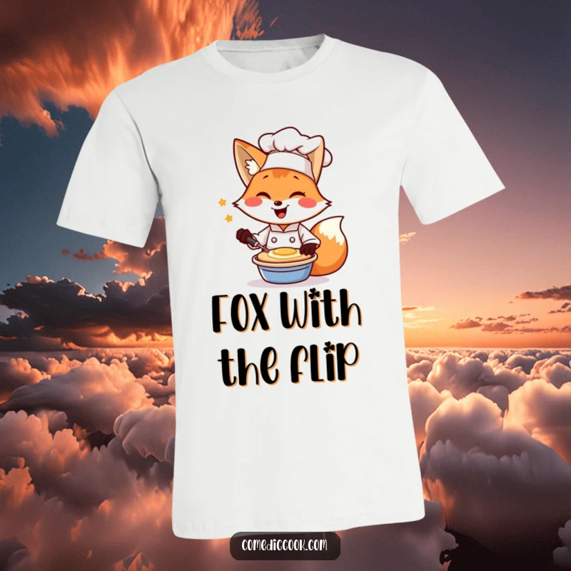 Funny t-shirt of a happy fox chef winking and flipping a pancake, ideal for breakfast fans.