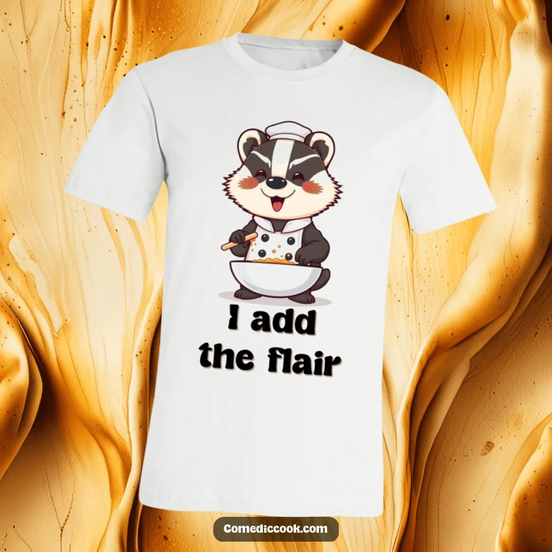 Funny badger chef t-shirt, a dramatic character seasoning a dish with a flourish, celebrating culinary style and humorous flair.