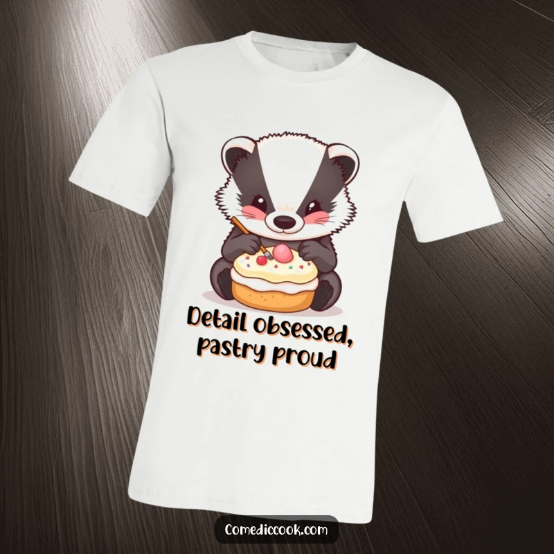 Funny Badger Decorator T-Shirt featuring a badger meticulously decorating a miniature pastry, radiating focus.