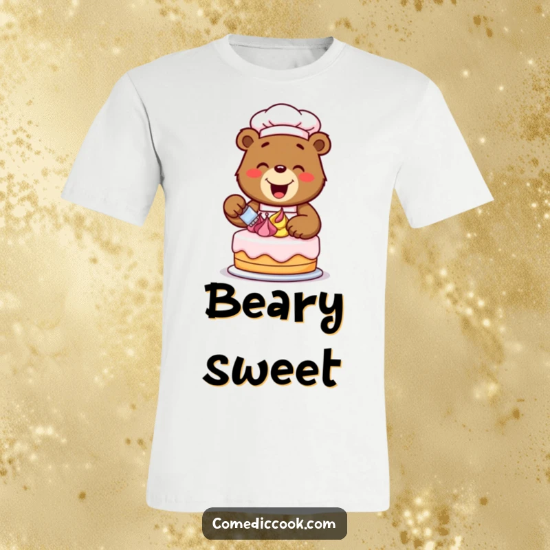 Funny happy bear chef excitedly decorating a cake with colorful frosting swirls, showcasing a passion for sweet creations.