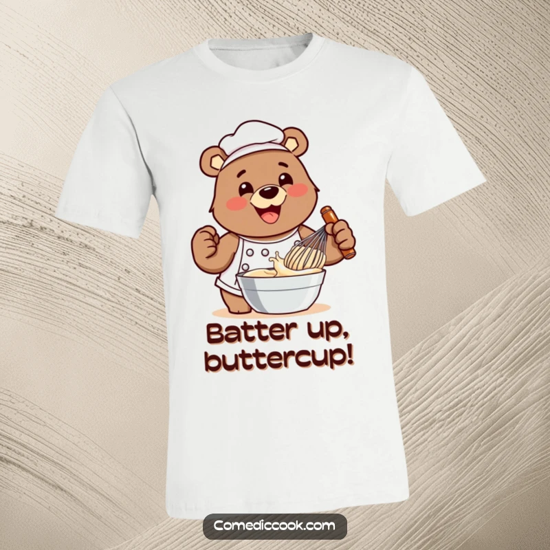Funny smiling bear chef t-shirt depicting him whisking batter with over-the-top enthusiasm and a joyful, determined expression.